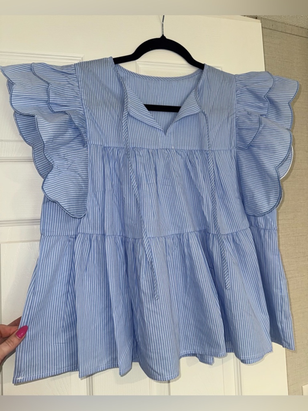 Blue Striped Ruffle Sleeve Women's Top